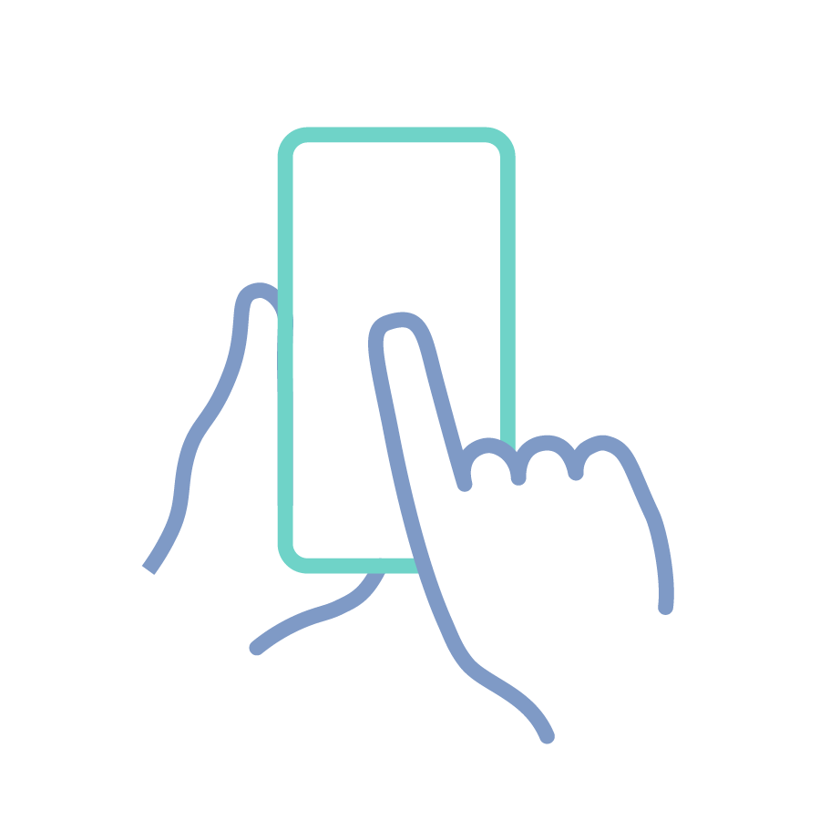 Line illustration of hands interacting with a mobile phone.